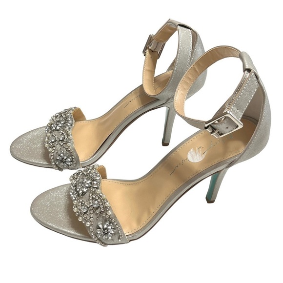 Betsey Johnson SB-Gina Silver Glitter Ankle Strap Embellished Heels – Size 8.5 M - Picture 1 of 15